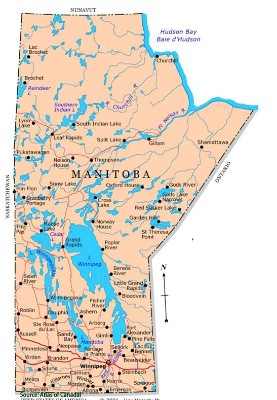 Map of Manitoba showing Winnipeg, Nelson House and Churchill